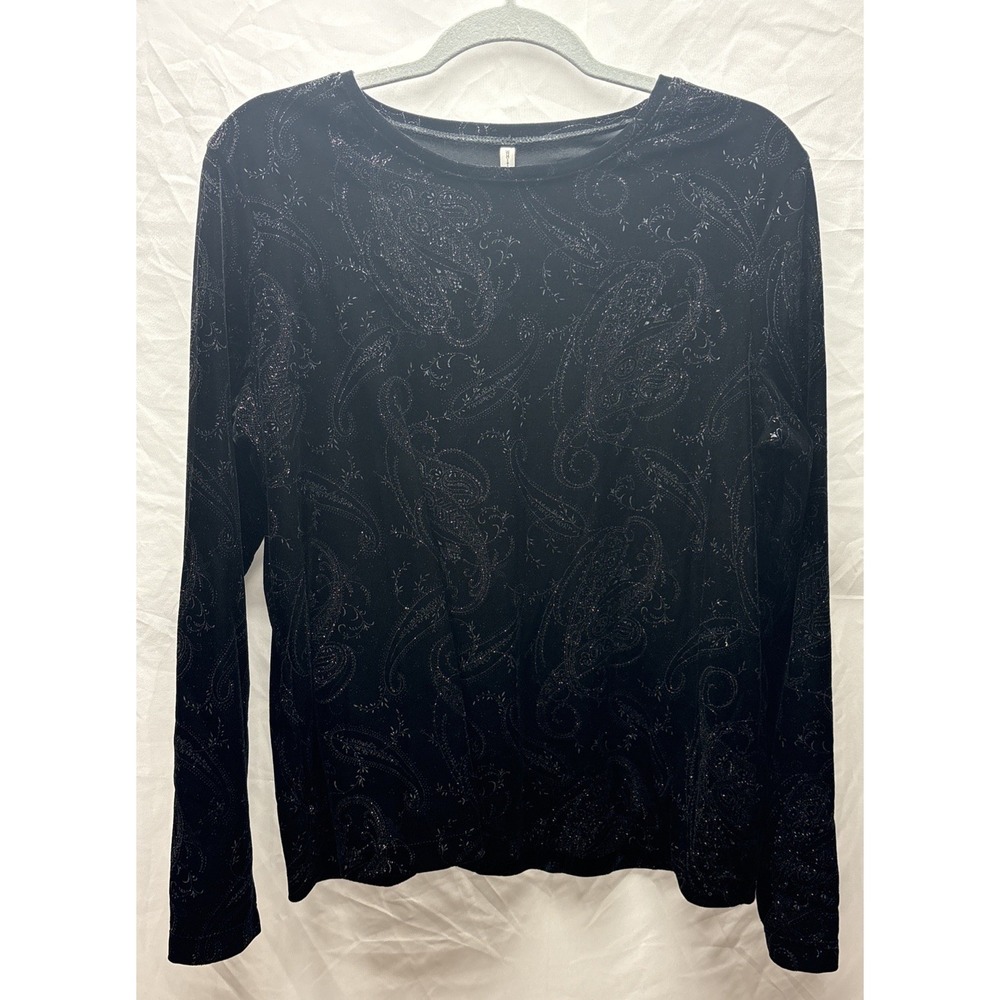 White Stag Womens Large Black Glitter Paisley Long Sleeve Stretch Top Shirt